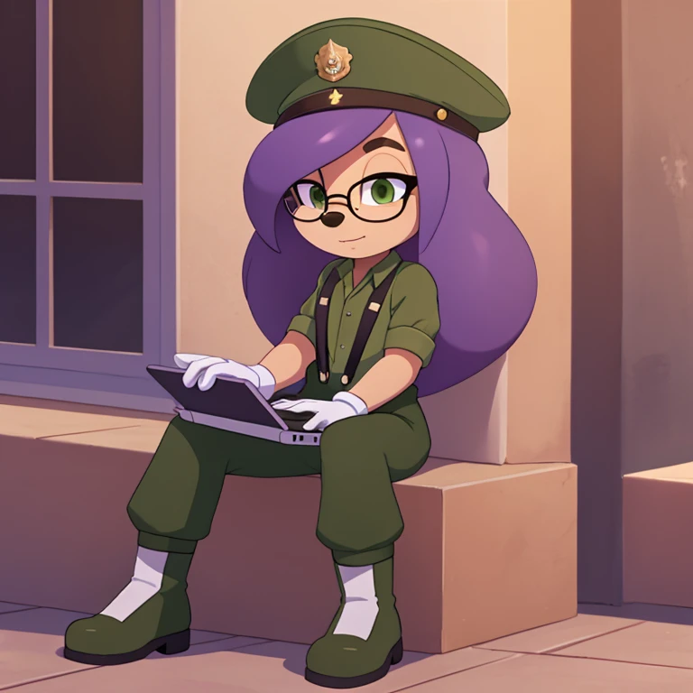 Squid mobian, 1girl, amethyst hair, tentacle hair, green eyes, military outfit, green clothes, sergeant hat, tactical gloves, suspenders, glasses, sitting, laptop