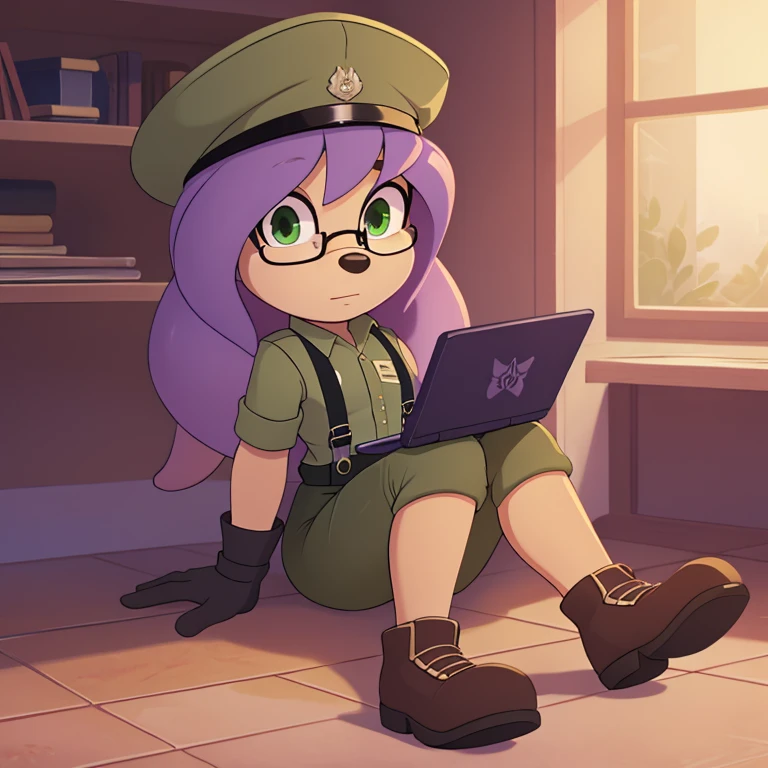 Squid mobian, 1girl, amethyst hair, tentacle hair, green eyes, military outfit, green clothes, sergeant hat, tactical gloves, suspenders, glasses, sitting, laptop