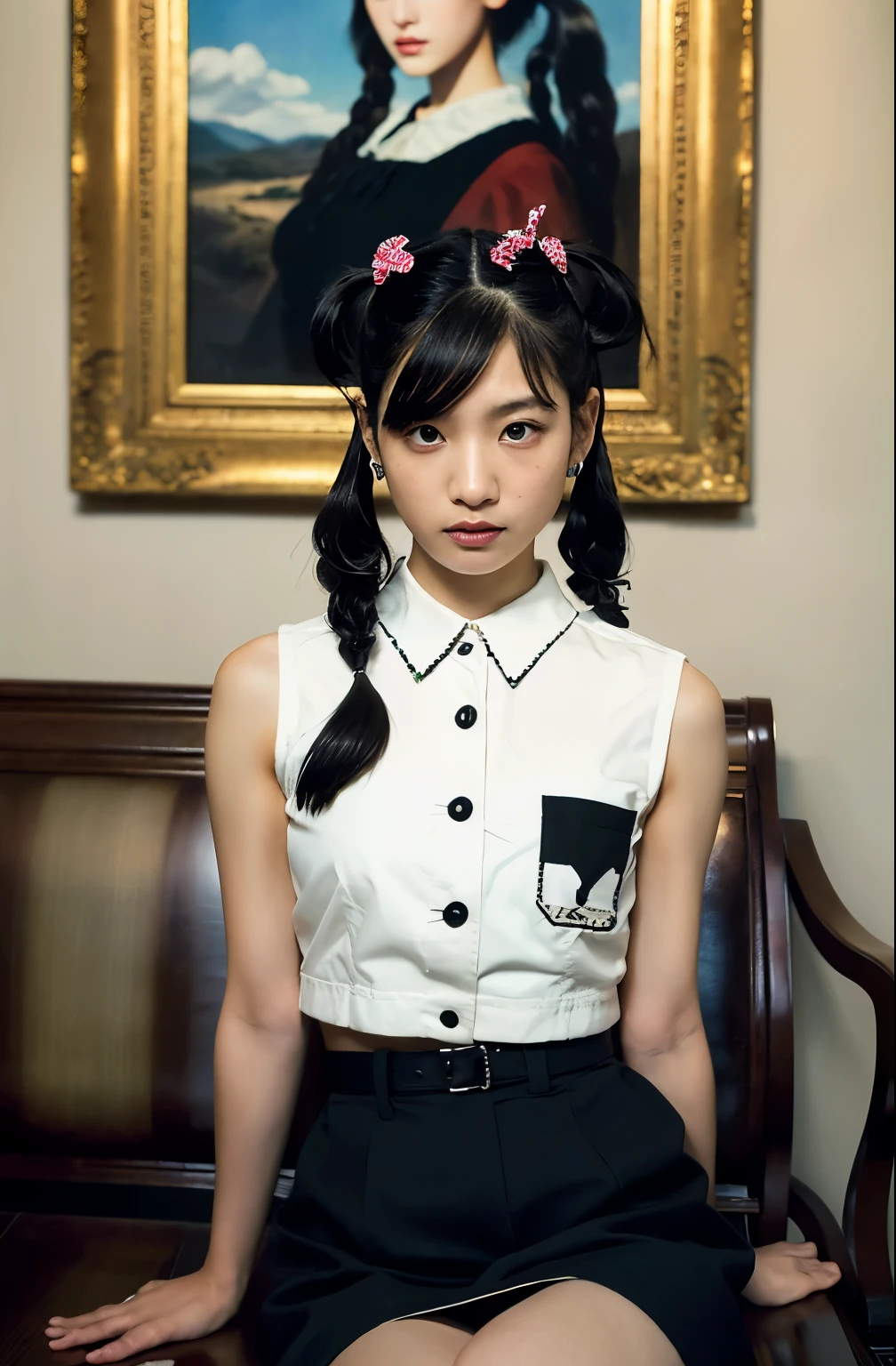arafed woman sitting on a couch in a room with a painting, with black pigtails, shiori teshirogi, kiko mizuhara, shikamimi, ❤🔥🍄🌪, two pigtails hairstyle, cropped shirt with jacket, by Yasutomo Oka, sha xi, jia, 1 8 yo, ( ivory black ), japanese model