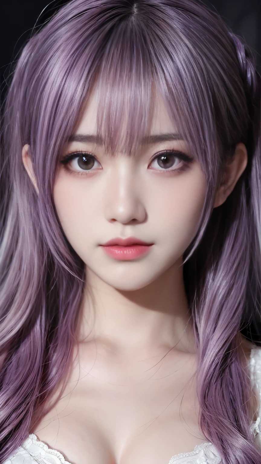 background（Black Night Sky，Big Moon），Close-up of a woman，Wearing a white shirt、Purple Hair，Very long hair，very thick braids，Purple eyes，big ， realistic girl rendering, 8k artistic german bokeh, Enchanting girl, Real Girls, Gurwitz, Gurwitz-style artwork, Girl Roleplay, Realistic 3D style, cgstation Popular Topics,, 8K Portrait Rendering,（truth，truth：1.4），Wear pink pajamas，巨big ，Sparkling eyes，Purple eyes