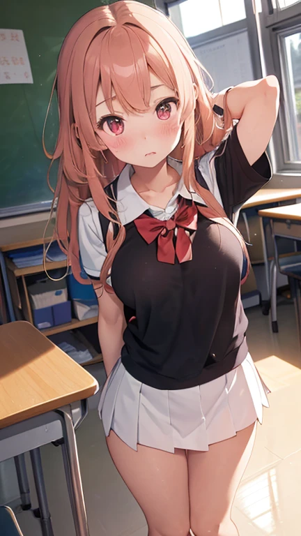 masterpiece、highest quality、Very detailed、Photograph the upper body、1 female、(Arms behind your back:1.4)、Are standing、Turn your body forward、View your viewers、(school uniform,shirt,miniskirt)、blush、shy、long peach-colored hair、Open your mouth、classroom、Big Breasts、