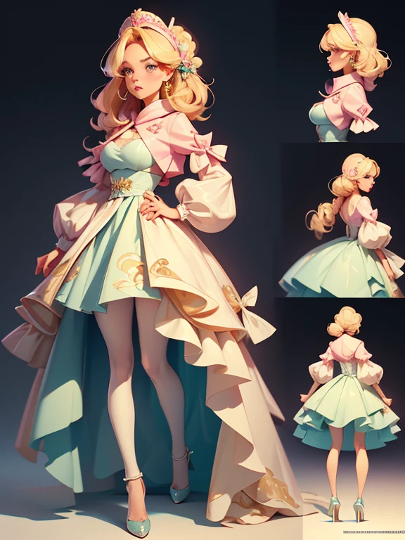 1 perfect imagen, most beautiful imagen in to world, 1 girl, full body, alone, mature woman, medium hair, blonde hair, medium breasts. perfect face, (((very exaggerated puffy cheeks))), (((very exaggerated pout))), mouth, full lips, closed mouth, blush. Perfectly detailed eyes, crying, almond eyes, aquamarine eyes, tears. dress, white and green dress, pink jacket, open jacket, puff sleeves, long sleeve, hood. (((standing))), legs apart, wide thighs, medium hips. stockings, black heels. High resolution image, 8k quality, intricate details, perfectly detailed illustration, genshin impact style, looking at viewer. multiple views front view, side view, back view