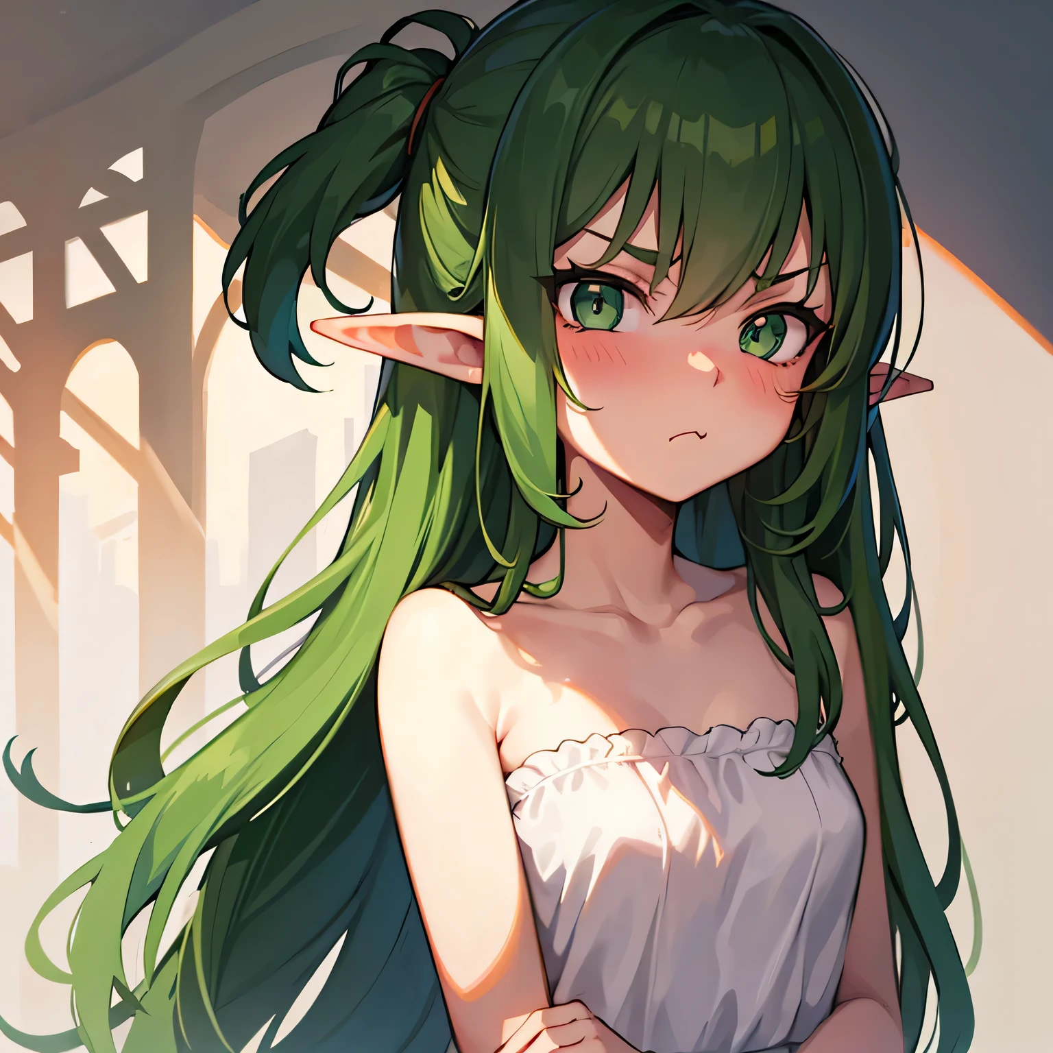 best quality, (masterpiece), Solitary, 1 Girl, us_Erindale,Green Eyes, Green Hair, 1 Girl,((Upper Body)),anatomically correct,If the shadow appears,Big ,Solitary, Pointed ears, Elf,angry expression,Bulging mouth, Pout ,shy,blush,Stare at this person,Lean forward,looking into camera,Q version