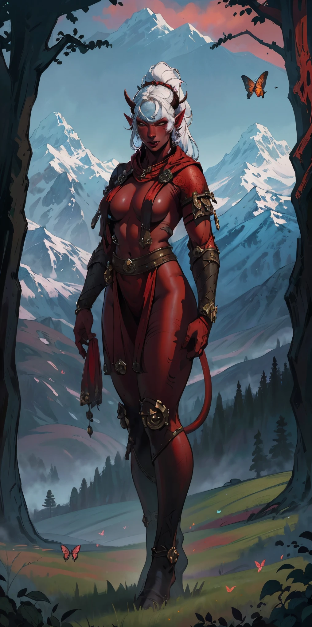 1 girl, (((oni girl))), (((red skin))), horns, white hair, ponytail, (((adventurer outfit))), explorer, researcher, fascinated expression, full body portrait, outside, forest, mountains, butterflies, flowery meadow