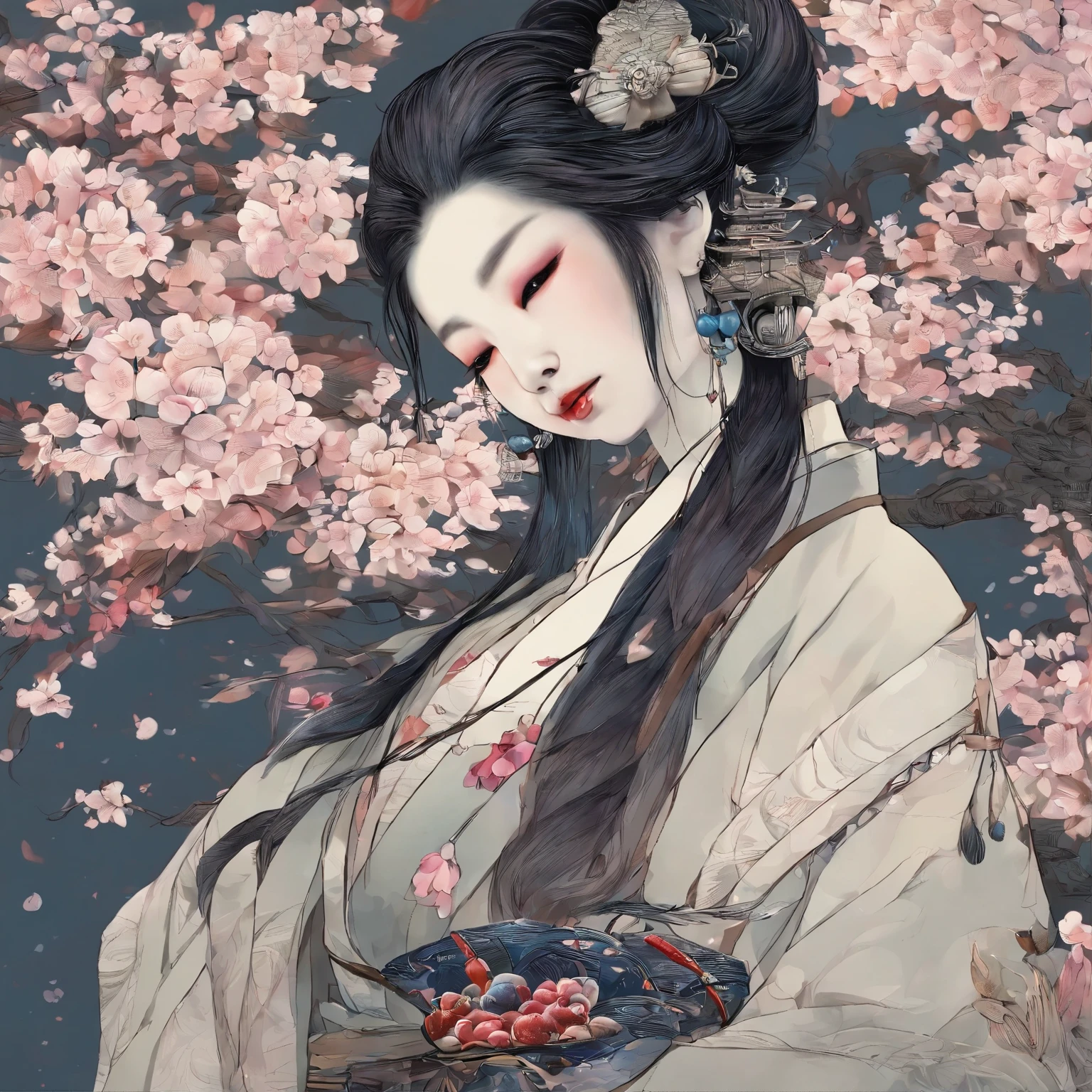 1. Scene description: - An assassin in the form of a female samurai wearing a skull mask。 （A girl dressed as a samurai with a skull mask-like face） - Detailed facial features: sharp eyes、pronounced nose、lips。 (Beautiful and detailed eyes、美しく緻密なlips) - Additional details: Long eyelashes、Intense expression、A strong and confident posture。 (Very detailed目と顔、Long eyelashes) 2.material: ·An illustration：Characters are depicted by hand.、 - Media: High resolutionのデジタル イラスト、 - Artistic style: Combining elements of dark fantasy and traditional Japanese art、 3. Scene details: - background: Cherry blossoms in full bloom and a moonlit garden、 - Lighting: The soft moonlight casts a shadow、Illuminates the character&#39;s facial features、 -atmosphere: Mysterious and fascinating、Full of expectations、 4.image quality: - highest quality、High resolution：（highest quality、High resolution） - Super detailed：（Super detailed） - Realisticなスタイル: (Realistic) - Bright colors：（Bright colors） 5. Color Palette: - Main color: Black in the character&#39;s clothing and mask、gray、Shades of silver、 ·Cherry tree：Gentle pink and white、 - Moonlit Sky: Deep blue and purple with a silvery tint、 6. Overall prompt: With a face resembling a skull、Dressed as a samurai、緻密な瞳とlipsが美しい少女、sheVery detailed目と顔、Long eyelashesを持っています、she、Combining dark fantasy with elements of traditional Japanese art、High resolutionのデジタルイラストで描かれています。The stage is illuminated by moonlight、A garden with cherry blossoms in full bloom、The light is soft moonlight、It casts shadows and illuminates the character&#39;s facial features.、雰囲気はMysterious and fascinating、Full of expectations、画像はhighest quality、High resolution、Very detailed、Photorealistic style、Color Paletteには、The character&#39;s costume and mask are black.、gray、Shades of silverが含まれ、Cherry trees have soft pink and white、The moonlit sky contains deep blues and purples with a silvery tint、

