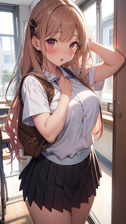 masterpiece、highest quality、Very detailed、Photograph the upper body、1 female、Are standing、Turn your body forward、View your viewers、(school uniform,shirt,miniskirt)、blush、shy、long peach-colored hair、Open your mouth、classroom、Big Breasts、