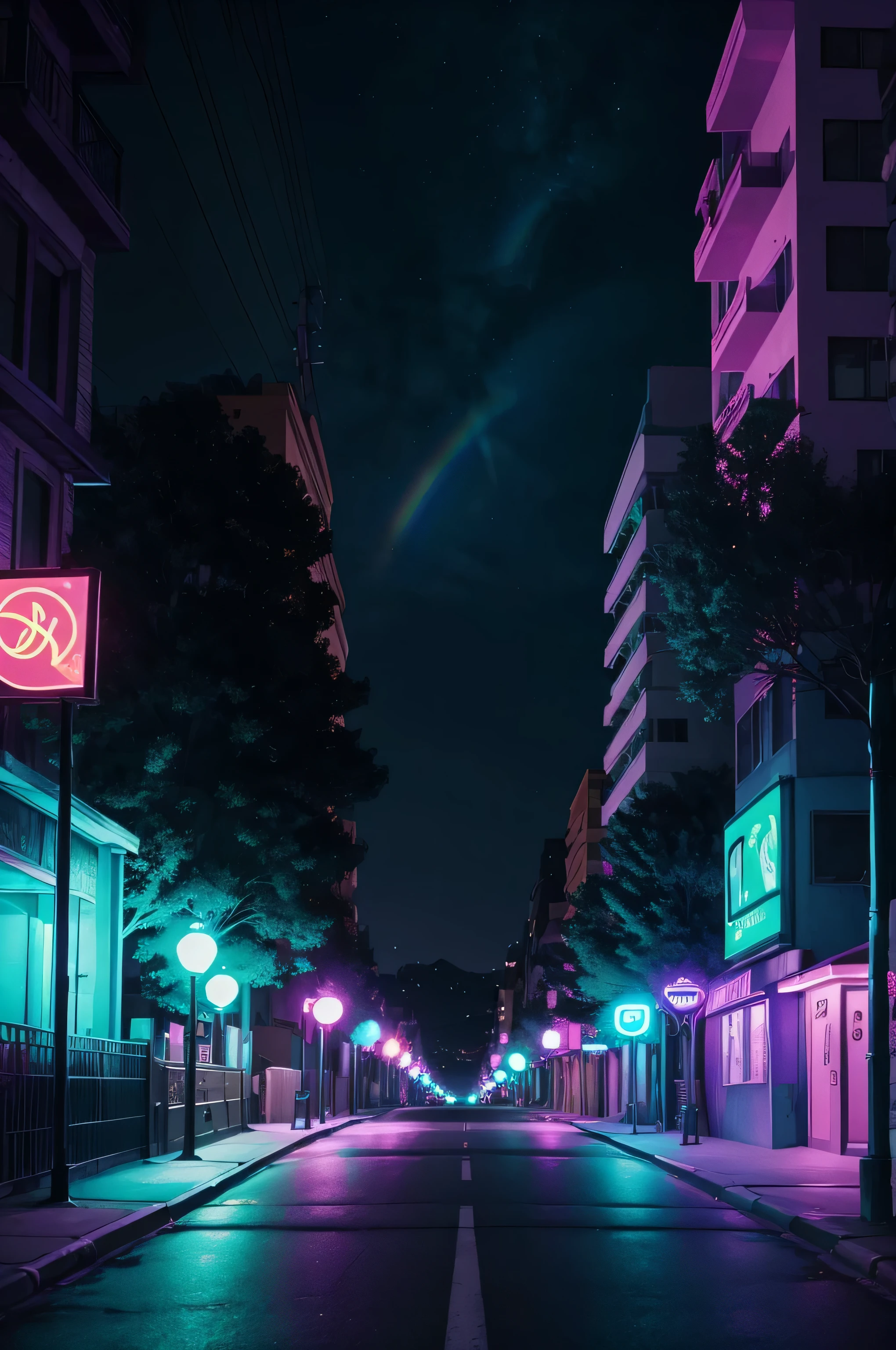 cartoon scene of street at night with rainbow lights and a purple wall, in the style of topographical realism, dark cyan and green, sketchfab, bob ross, expansive landscapes, photo taken with provia, monochromatic landscapes --ar 91:128 --v 6.0