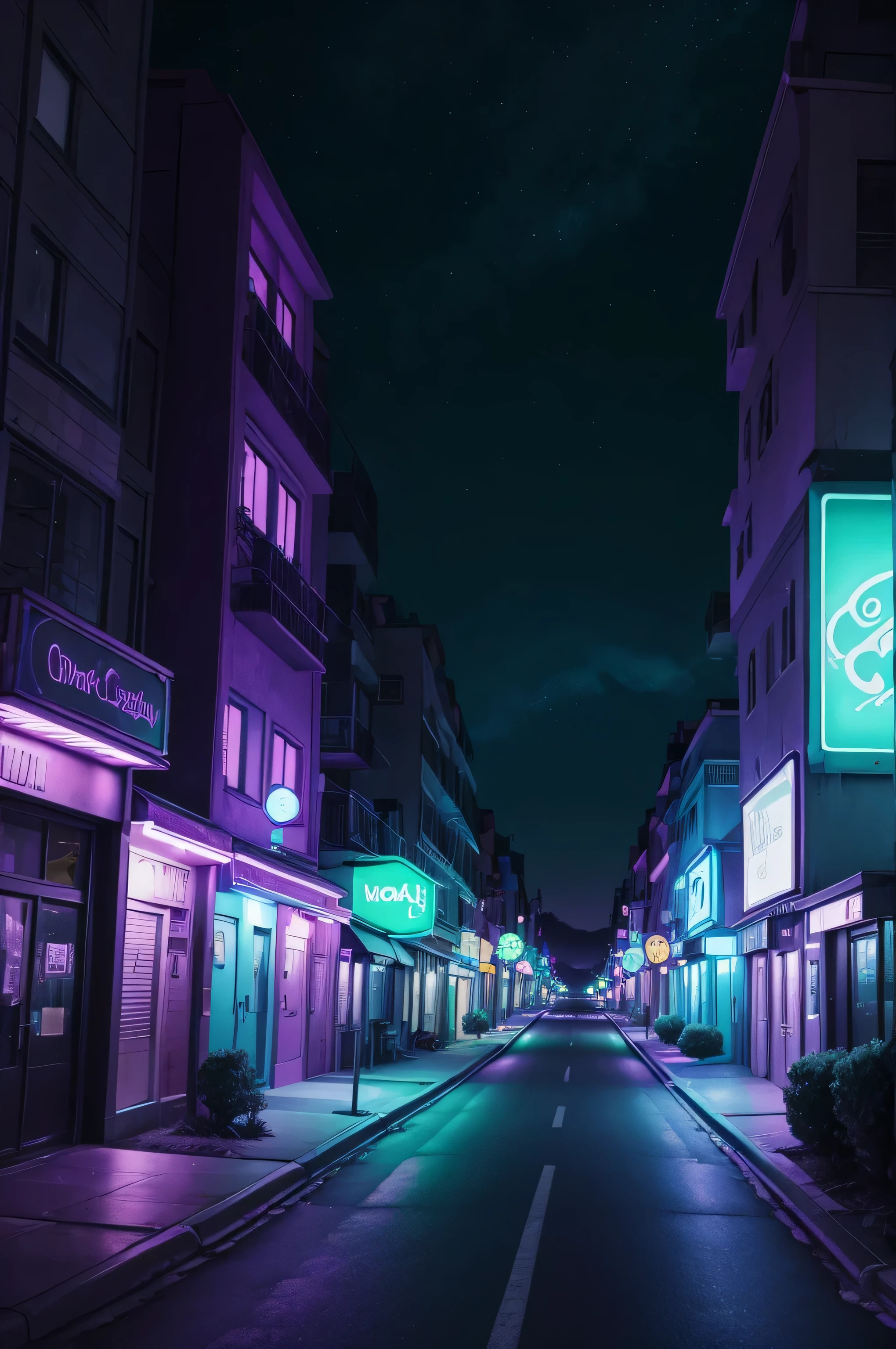 cartoon scene of street at night with rainbow lights and a purple wall, in the style of topographical realism, dark cyan and green, sketchfab, bob ross, expansive landscapes, photo taken with provia, monochromatic landscapes --ar 91:128 --v 6.0

