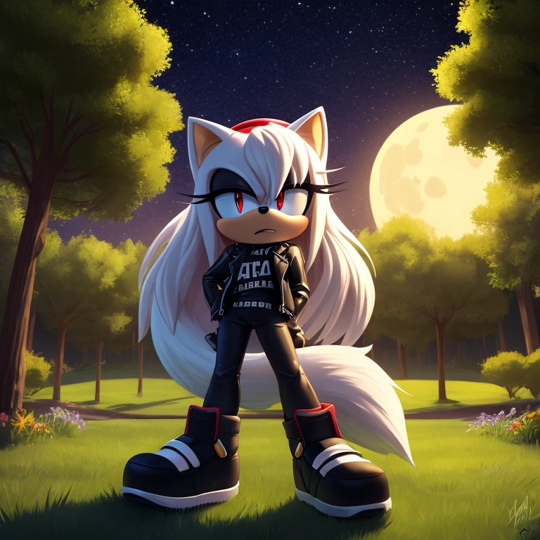 sonic_(series), mobian arctic fox, thin body, wavy bangs, black hair, long hair, fluffy hair, white fur, red eyes, black eyelids, black shirt, black pants, black sneakers, black love, short leather jacket, red symbol on shirt, beautiful, pretty, cute, angry, masterpiece, high quality, studio quality, detailed, insanely detailed, extreme detail, refined detail, perfect detail, max detail, black lipstick, goth girl, standing, park, trees, grass, lamp posts, starry sky, night time, moon in background, detailed background, ponytail, hairband, (score_9, score_8_up), inspired by cartoons, facing the viewer, tall, black lips, detailed irises, detailed retinas