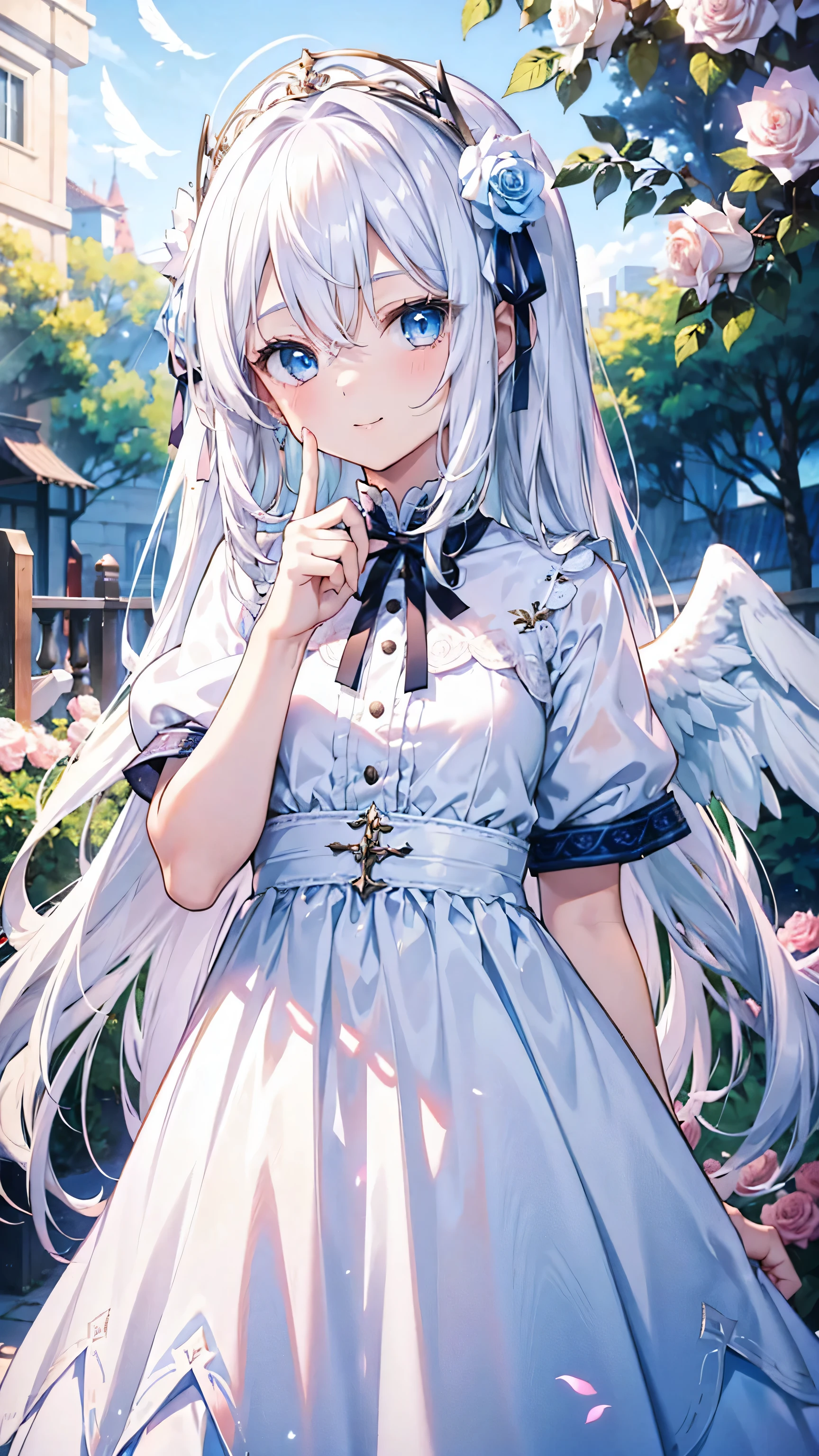A cute angel girl with long white hair and blue eyes、、Angel wings on the back、Put your index finger to your lips as if you are telling a secret、smile、White dress、Angel wings flutter、Roses flutter
