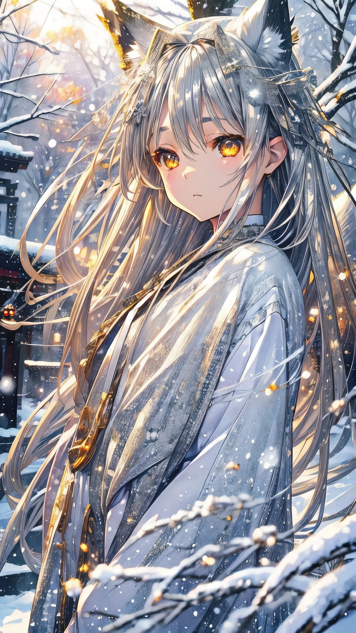 A dreamlike world、Pale Light、(Shiny golden eyes) Baby Face、14 years old、((((Silver fox girl))))、background、 Snow in Kamakura Nakano