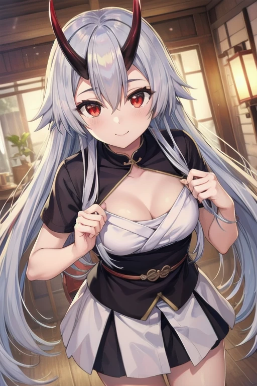 Masterpiece, best quality, tomoe gozen, torino style, 1person, red eyes, cute smile, hair between eyes, silver hair, very long hair, oni horns, looking at viewer, open blouse, small cleavage, short sleeves, skirt