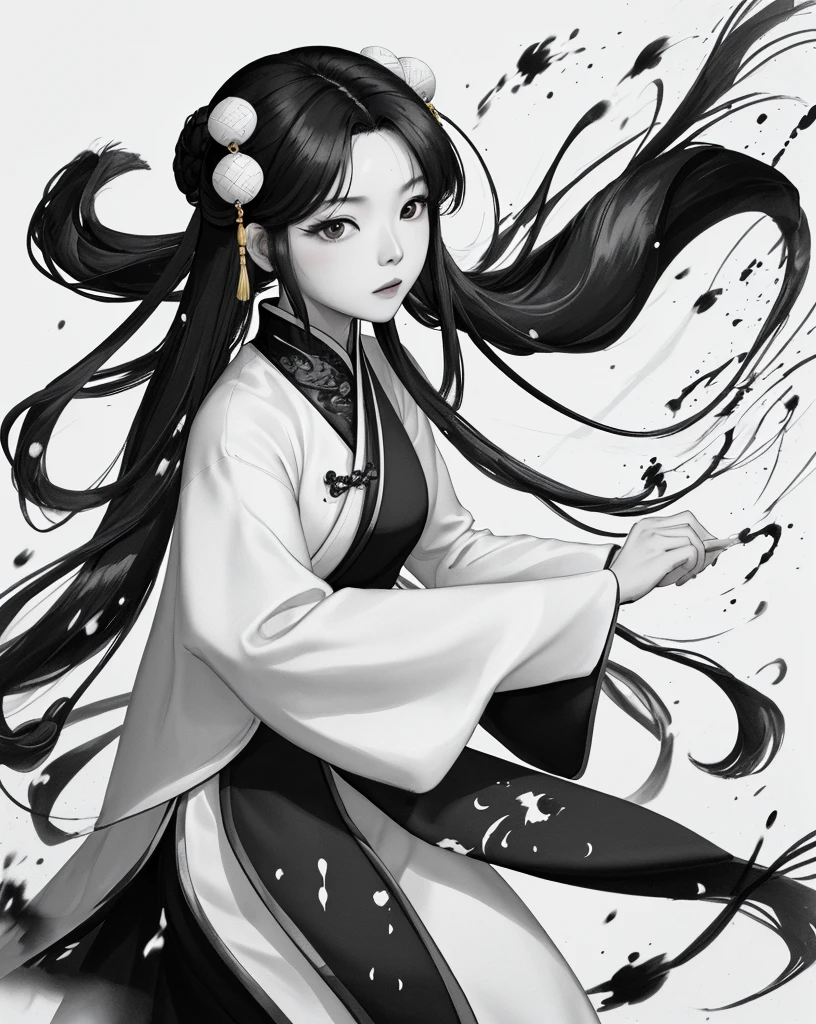 zydink, monochrome, ink sketch, asian (middle age woman), fighting stance, looking at viewer, long hair, floating hair, hanfu, chinese clothes, long sleeves, (abstract ink splash:1.2), white background
