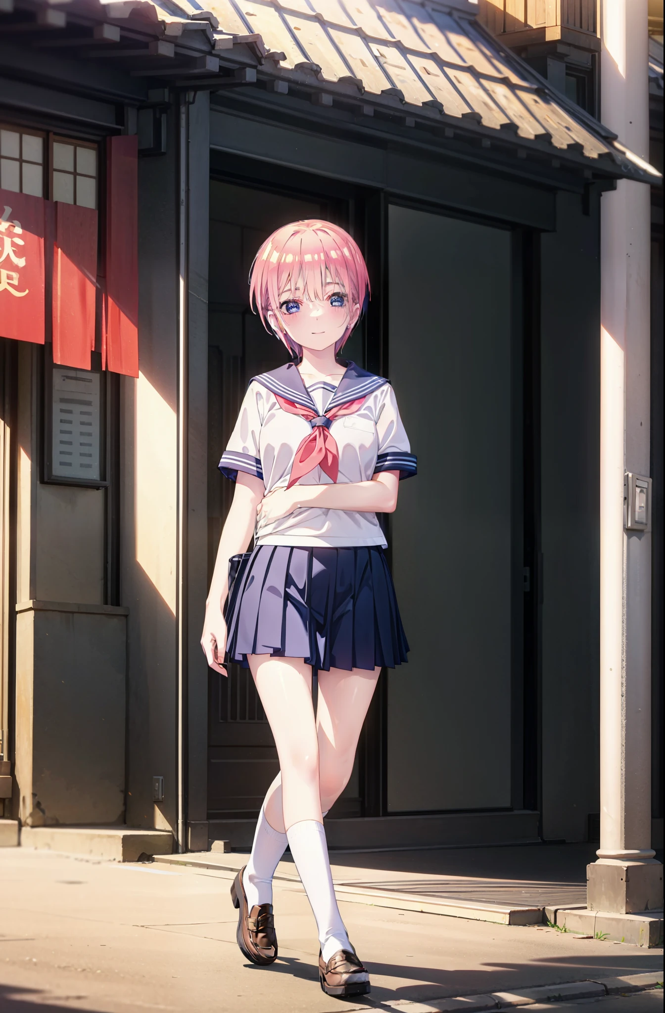 ichikanakano, ichika nakano, short hair, bangs, blue eyes, Hair between the eyes, Pink Hair, smile,happy smile, smile, Open your mouth,Big Breasts,Japanese schoolgirl(Red Sailor Suit),Short sleeve,Black pleated skirt,White knee socks,Brown Loafers,evening,Sunset,The sun is setting,sunny,whole bodyがイラストが入るように,Looking up from below,Walking,
break outdoors, In town,Building district,
break looking at viewer, whole body,
break (masterpiece:1.2), highest quality, High resolution, unity 8k wallpaper, (shape:0.8), (Beautiful details:1.6), Highly detailed face, Perfect lighting, Highly detailed CG, (Perfect hands, Perfect Anatomy),