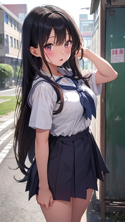 masterpiece、highest quality、Very detailed、Photograph the upper body、1 female、Are standing、Turn your body forward、View your viewers、(school uniform,shirt,miniskirt)、blush、shy、pink long hair:1.4、Open your mouth、classroom、Big Breasts、