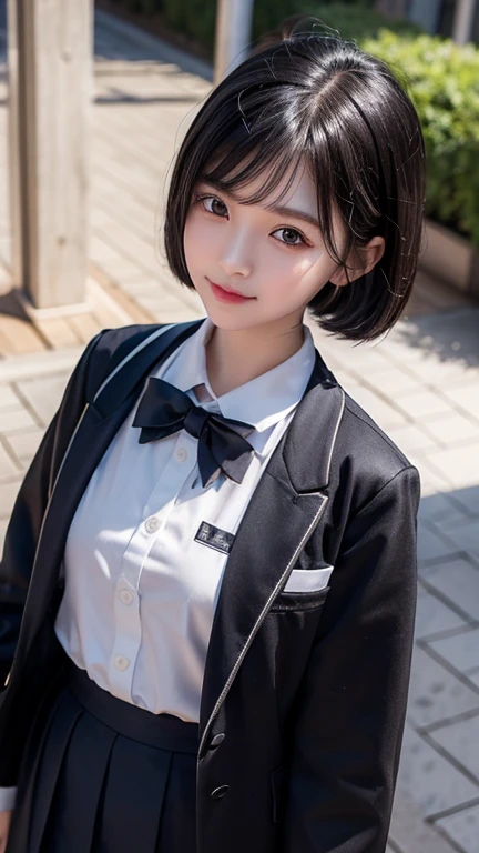 A Chinese girl，school uniform，She is short，Very white face，Her eyes were on her small, slightly pointed face.，Looks particularly black and large。Oily black short hair，Divide and stick tightly on the temples。The mouth is small，Full lower lip，When speaking，Always with a slight smile，Not safe for work