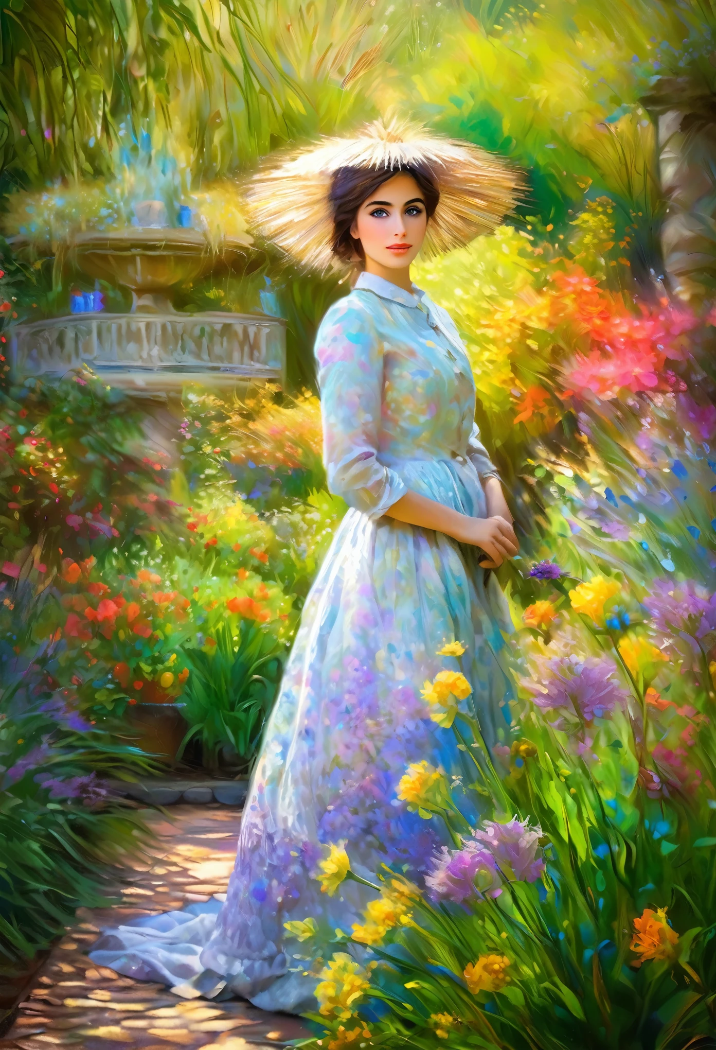 full-body(A girl in a Claude Monet-inspired garden,beautiful detailed eyes,beautiful detailed lips,extremely detailed eyes and face, long eyelashes, Impressionist techniques, vibrant colors, breathtaking visual effects, timeless serenity, oil painting,ultra-fine painting, professional, vivid colors, sharp focus, HDR, physcially-based rendering, masterpice:1.2, highres, UHD, studio lighting, romantic, soft brushstrokes, tranquil atmosphere)