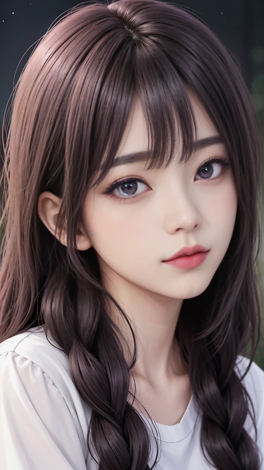 background(Black Night Sky,Big Moon),Close-up of a woman,Wearing a white shirt、Purple Hair,Very long hair,very thick braids,Purple eyes,big , realistic girl rendering, 8k artistic german bokeh, Enchanting girl, Real Girls, Gurwitz, Gurwitz-style artwork, Girl Roleplay, Realistic 3D style, cgstation Popular Topics,, 8K Portrait Rendering,(truth,truth:1.4),Wear pink pajamas,巨big ,Sparkling eyes,Purple eyes