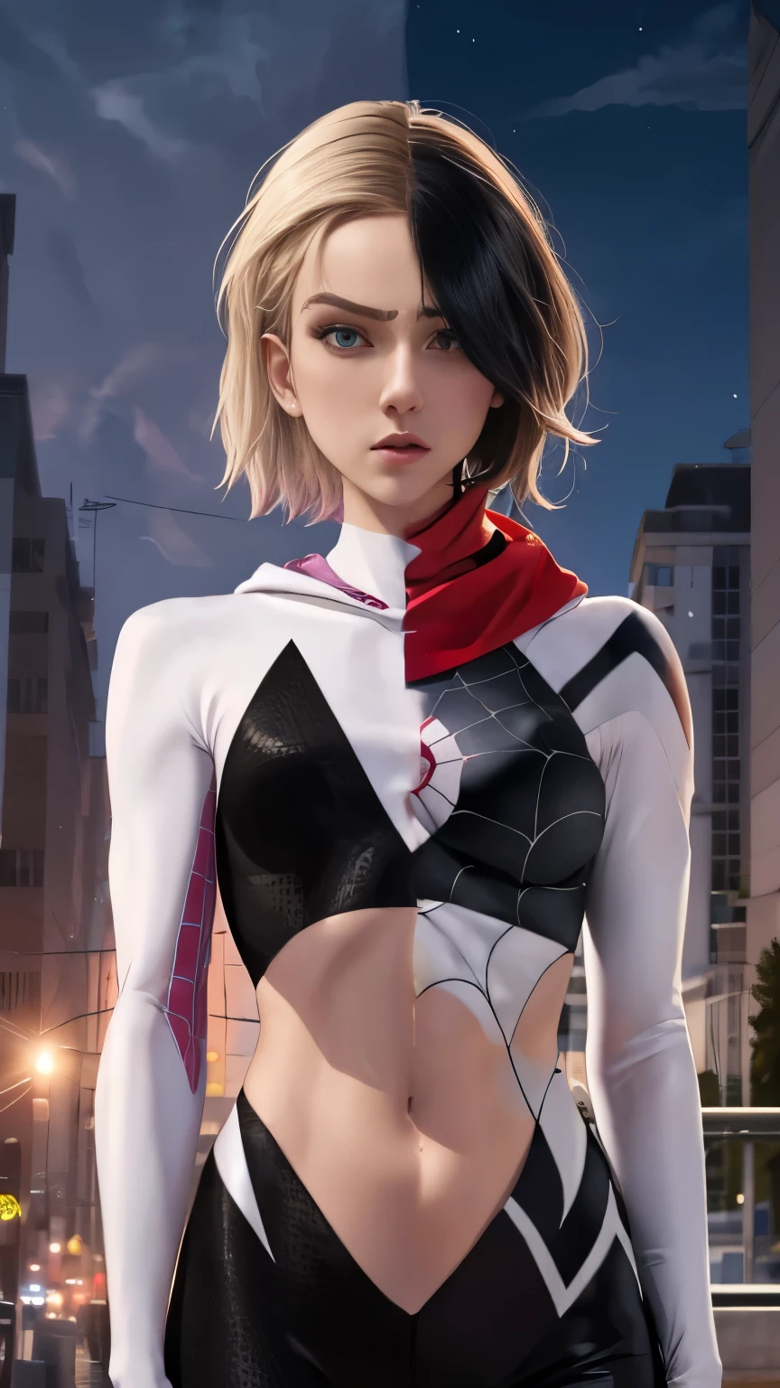 (Highly quality, masterpiece, detailed), Night city detailed scenario, night city detailed background, Realistic, 20 years old girl, SplitScreen, split screen, black hair, 1girl, CindyMoon, cindymoon, upper body, short hair, Black top, white top, black botton, white bottom, long bottom, spider web print, Crop top, Red scarf, Long Sleeves, Gloves, Arms down, Abdomen, Angry, clenched teeth, standing, Navel, beautiful eyes, perfect eyes, looking at the viewer