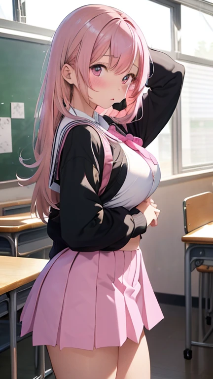 mastute piece,Best Quality,insanely detailed,8k cg,
shoot upper body,
1girl,standing,body in front,looking at viewer,(school brazer suit),
blush,shy,(trembling:1.2),pink hair,break,open mouth,large breast,classroom,