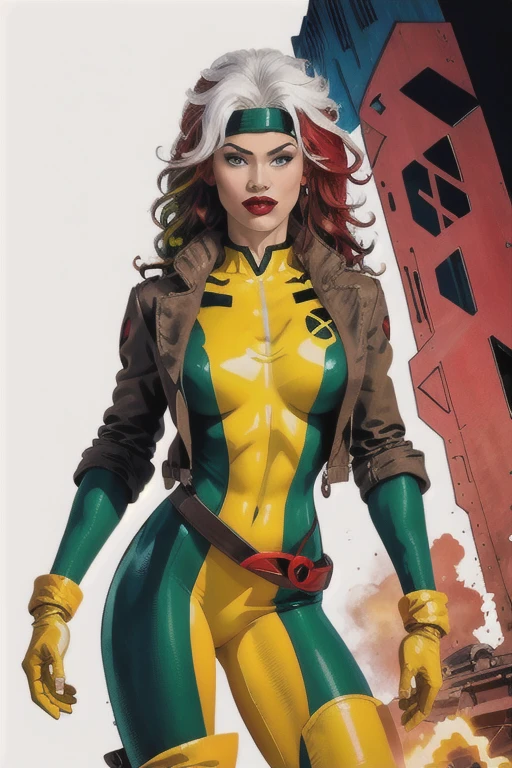 clsscrgedsk, 1girl, long hair, jacket, white hair, red hair, multicolored hair, belt, two-tone hair, bodysuit, makeup, headband, parody, lipstick, sleeves rolled up, dyed bangs, multicolored bodysuit, green bodysuit, yellow bodysuit, masterpiece, best quality , official art ,