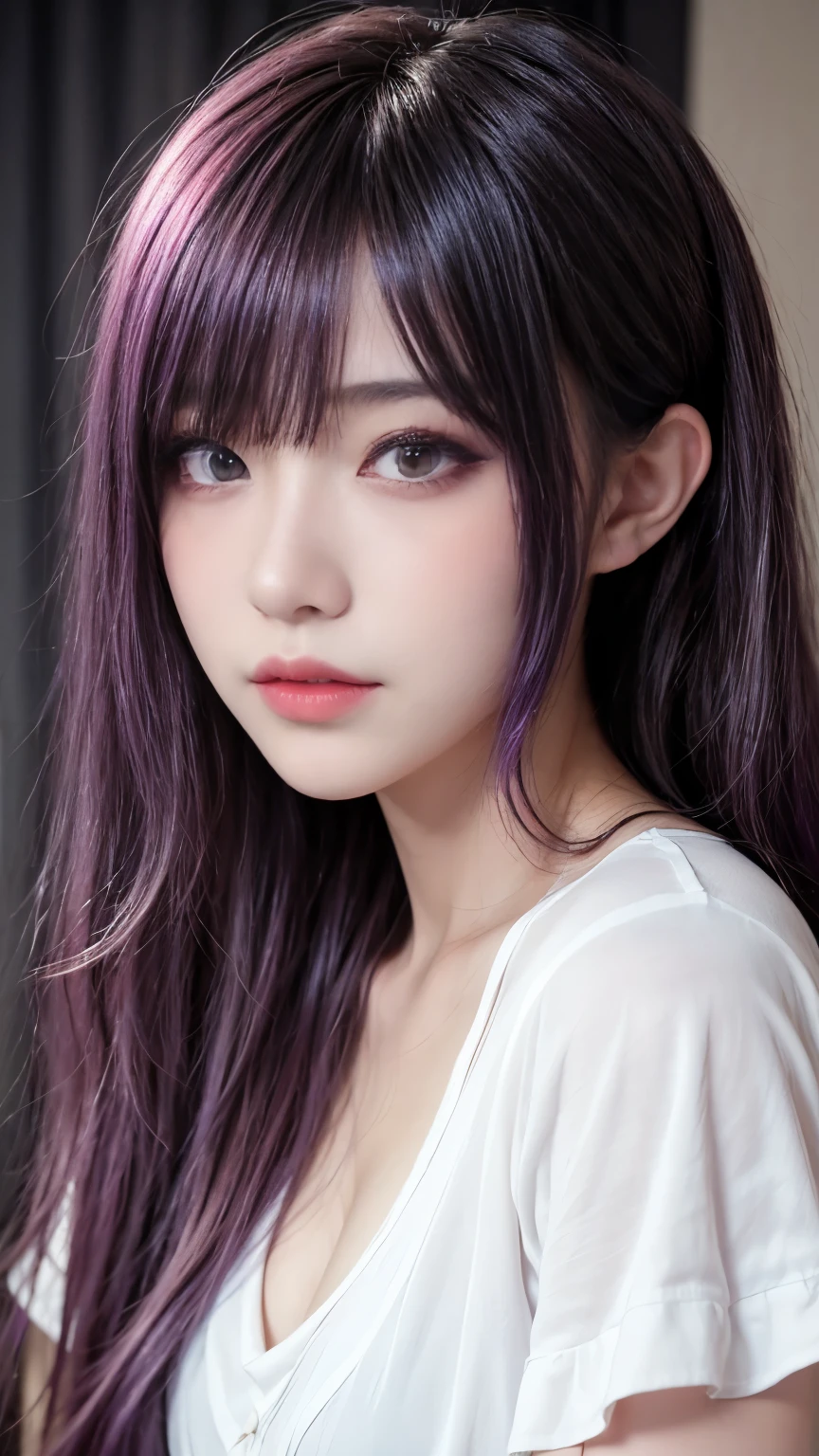 background(Black Night Sky,Big Moon),Close-up of a woman,Wearing a white shirt、Purple Hair,Very long hair,very thick braids,Purple eyes,big , realistic girl rendering, 8k artistic german bokeh, Enchanting girl, Real Girls, Gurwitz, Gurwitz-style artwork, Girl Roleplay, Realistic 3D style, cgstation Popular Topics,, 8K Portrait Rendering,(truth,truth:1.4),Wear pink pajamas,巨big ,Sparkling eyes,Purple eyes