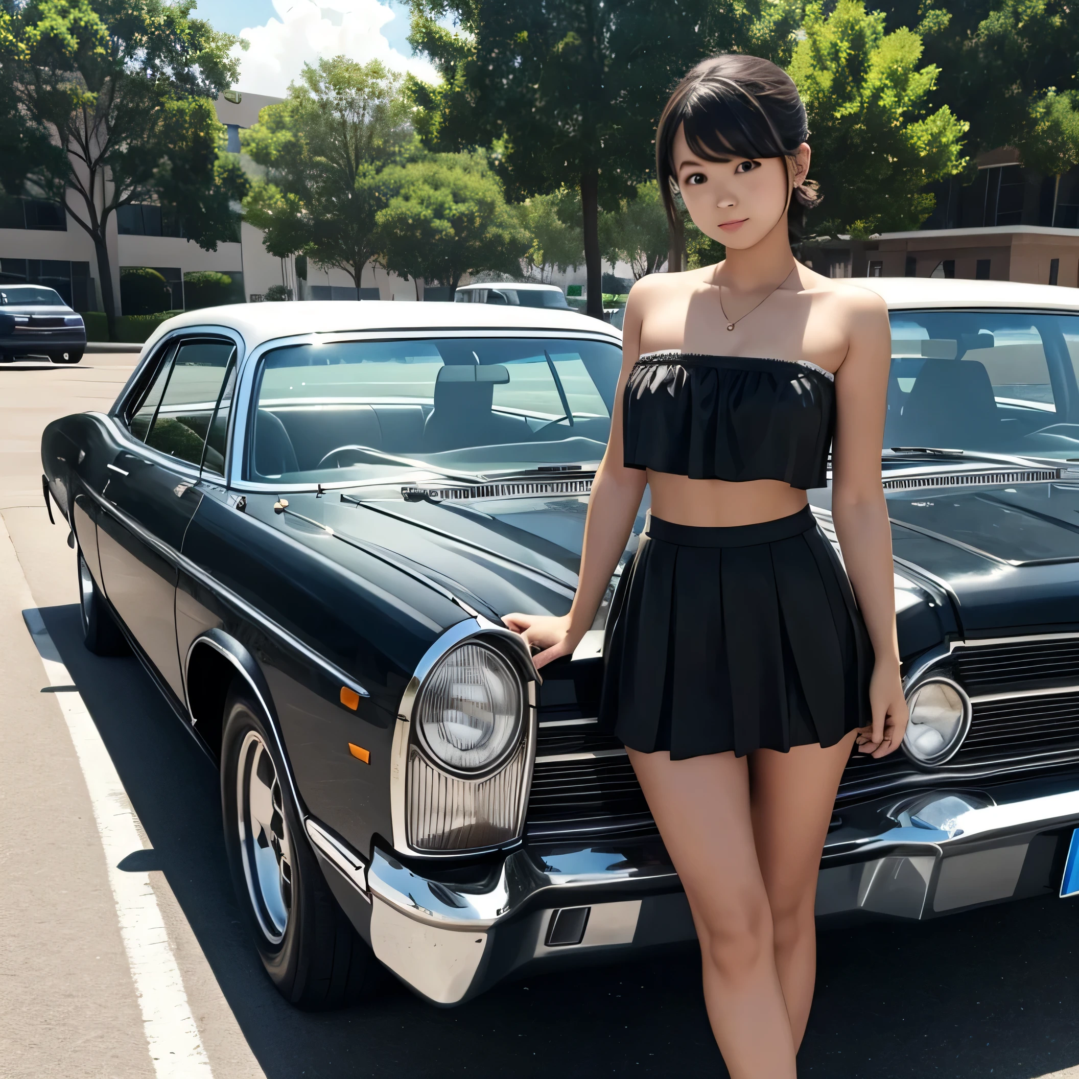 A young girl wearing a strapless top and a sexy short skirt stands next to an old sedan.