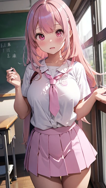 mastute piece,Best Quality,insanely detailed,8k cg,nsfw,
(shoot upper body:1.3),
(1girls:1.3),standing,looking at viewr,body in front,both arms behind back,(school costume,bare breasts:1.4,bare crotch:1.4),
break,
blush,shy,(trembling:1.2),(Pink Hair),Medium-long hair、
break,
perfect breasts,perfect teats,(open mouth:0.9),(large breasts:1.3),
(School corridor)、