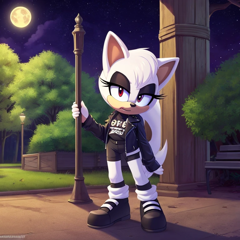 sonic_(series), mobian arctic fox, thin body, wavy bangs, black hair, long hair, fluffy hair, white fur, red eyes, black eyelids, black shirt, black pants, black sneakers, black love, short leather jacket, red symbol on shirt, beautiful, pretty, cute, angry,  masterpiece, high quality, studio quality, detailed, insanely detailed, extreme detail, refined detail, perfect detail, max detail, black lipstick, goth girl, standing, park, trees, grass, lamp posts, starry sky, night time, moon in background, detailed background, ponytail, hairband, (score_9, score_8_up), inspired by cartoons, facing the viewer, tall, black lips, detailed irises, detailed retinas