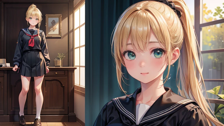 (8k、Raw photo、highest quality、masterpiece:1.2)、(Realistic、Photorealistic:1.37)、Ultra-detailed、超A high resolution、1 girl、School、Beautifully detailed face、Standing posture、Black Sailor Suit、mile、Beautifully detailed skin、whole body、ponytail、Professional Lighting、Delighted Eyes、Blonde、Green Eyes、Cute room