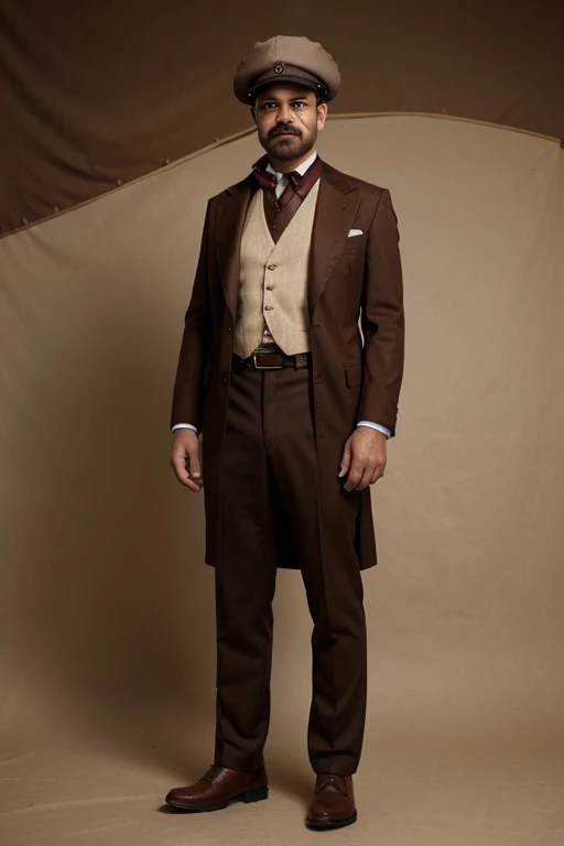 An American man with a mustache and a brown fez, full-body view
