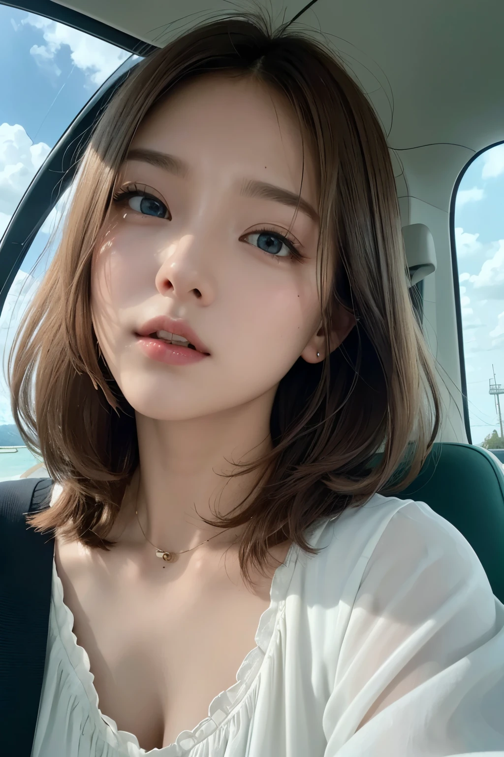 Ultra-high resolution、(Real:1.4)、One beautiful woman、Beautifully detailed eyes and skin、Light brown short hair、Small Bust、Cute blouse、Space rocket in the distance、Green cloudy sky、Plains and sea、Movie quality、