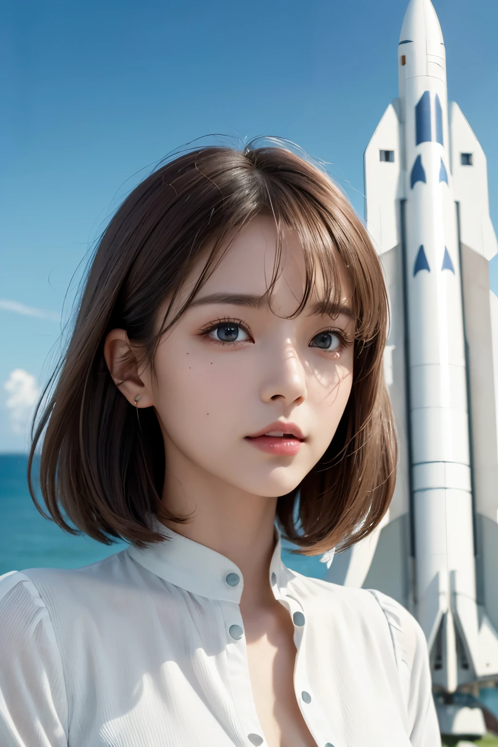 Ultra-high resolution、(Real:1.4)、One beautiful woman、Beautifully detailed eyes and skin、Light brown short hair、Small Bust、Cute blouse、Space rocket in the distance、Green cloudy sky、Plains and sea、Movie quality、