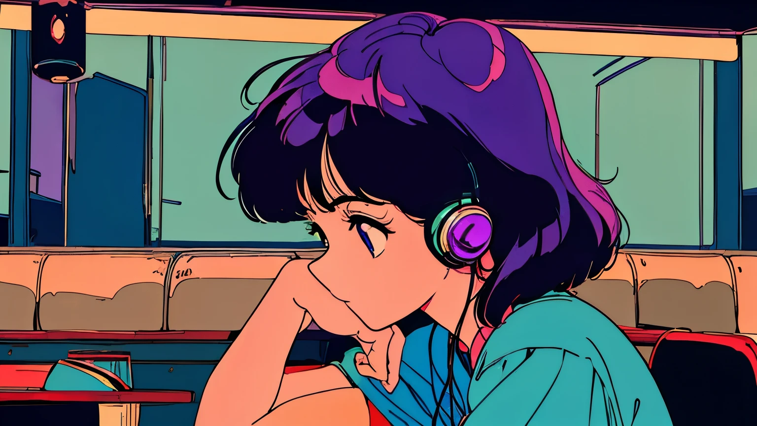 City pop style art,Purple Hair, Long Bob, Wearing headphones, Futuristic yet lo-fi, Retro, Vintage, Ghost,masterpiece, Sitting, family restaurant (( evening )), (( Looking down ))
