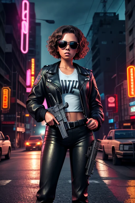 Girl 18 years brunette jacket and pants black leather, sunglasses, short curly hair,half large bodies,with nervous expression,armed, holding two machine gun,in a city the night neon apocalyptic,(8k detailed realistic raw photo)