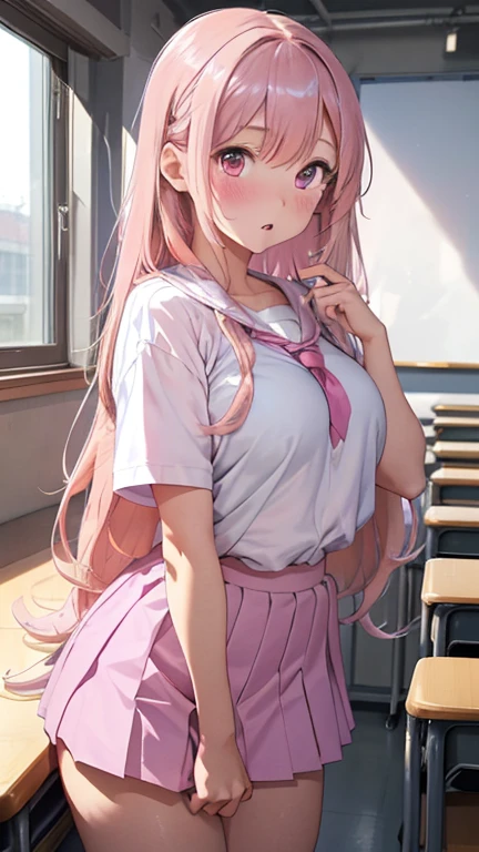 masterpiece、highest quality、Very detailed、Photograph the upper body、1 female、(Arms behind your back:1.4)、Are standing、Turn your body forward、View your viewers、(school uniform,shirt,miniskirt)、blush、shy、long peach-colored hair、Open your mouth、classroom、Big Breasts、