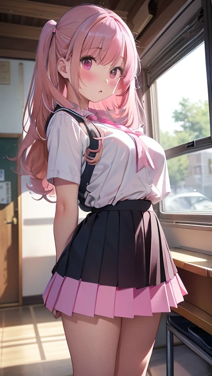 masterpiece、highest quality、Very detailed、Photograph the upper body、1 female、Are standing、Turn your body forward、View your viewers、(school uniform,shirt,miniskirt)、blush、shy、(pink hair:1.4),long hair:1.4、Open your mouth、classroom、Big Breasts、