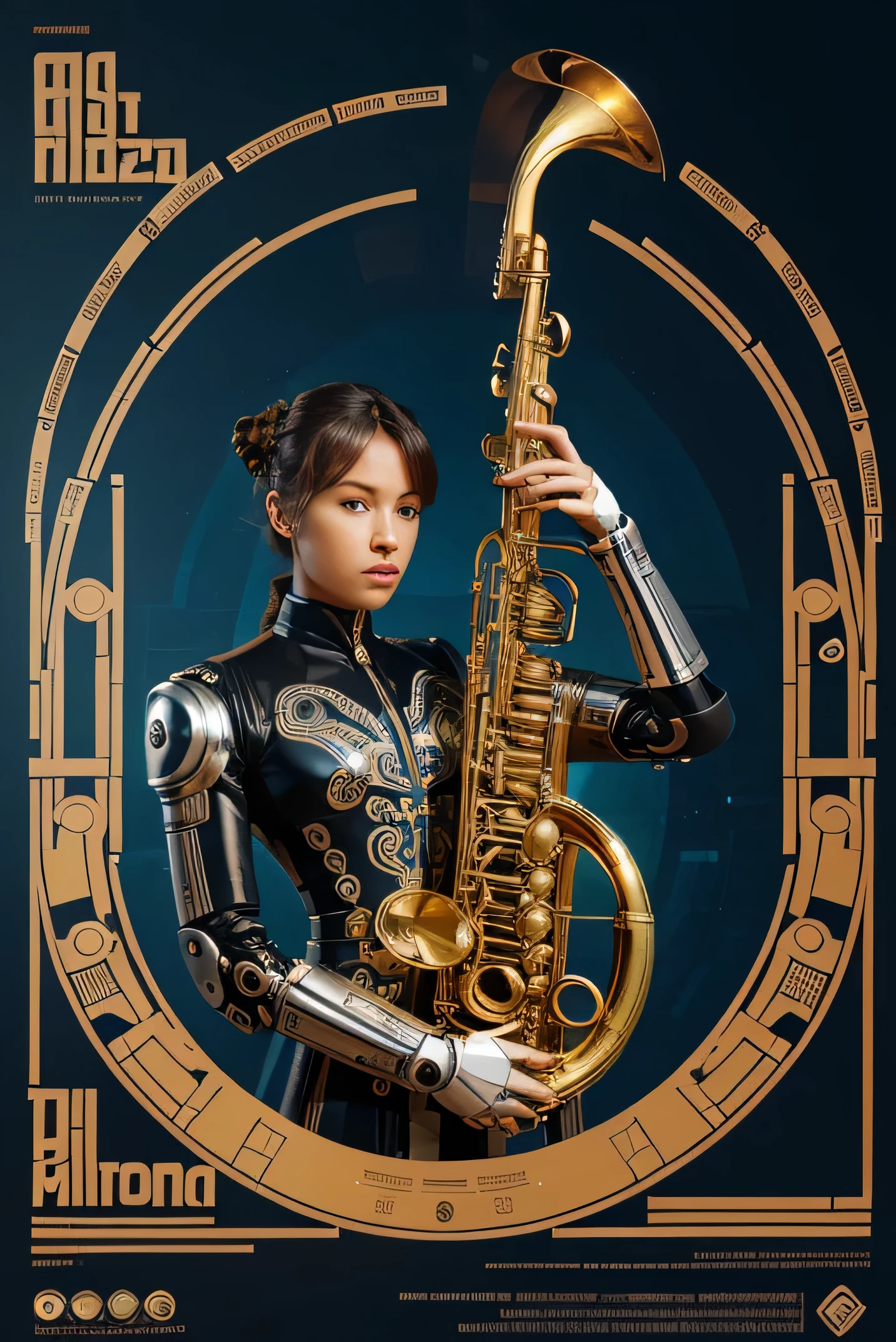 2d modern design graphic poster, a robot that is made from many saxophones and trombones with many pipes and buttons and musical notes, intricate details, millions of details, 2d graphic design, blue background