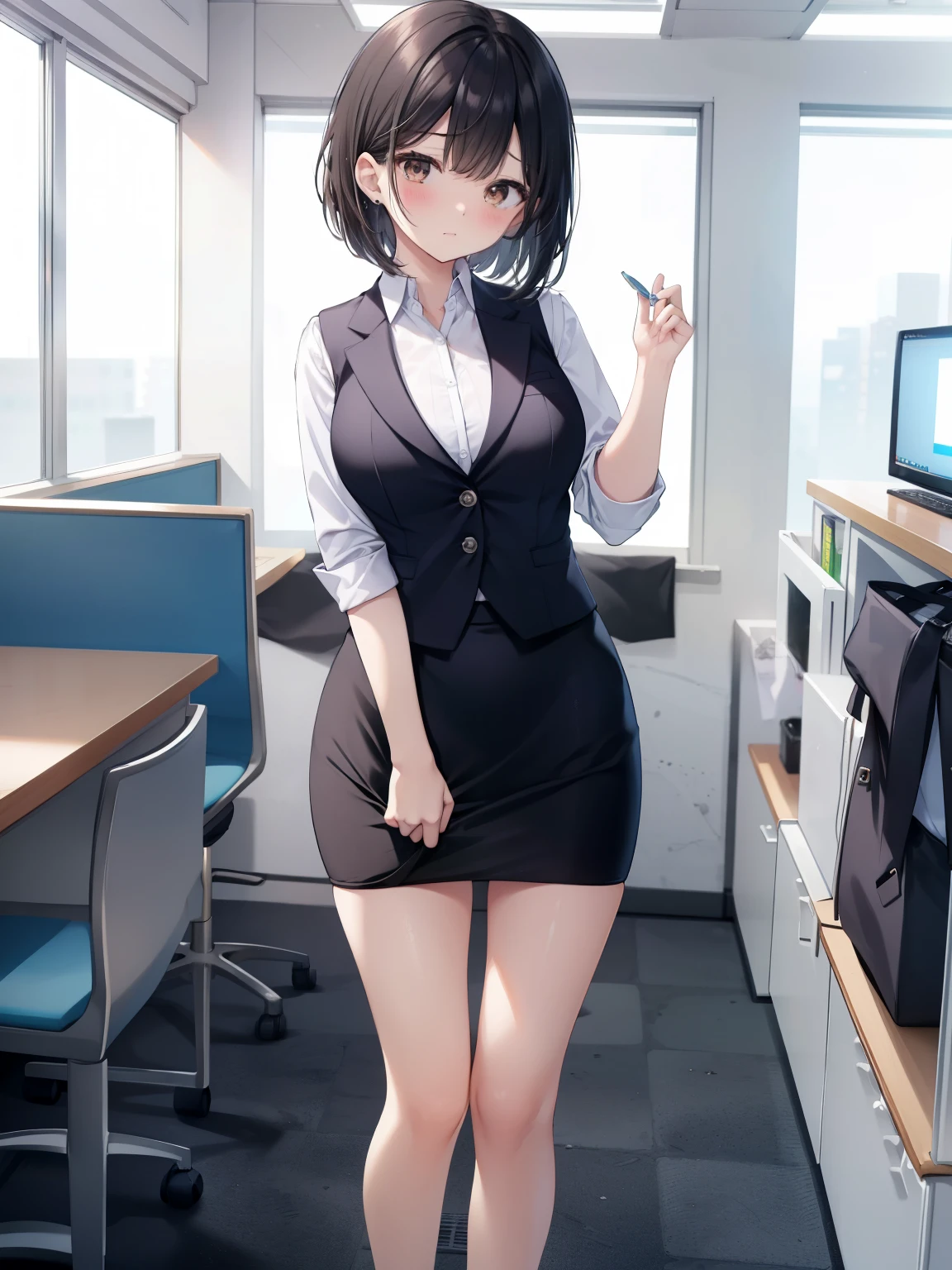 highest quality, Flying debris、Beautiful woman、officeレディー、Black Hair、(Brown eyes、Big Breasts)、short hair、チェック柄のダークブルーのofficeスーツ)、new employee,Full Body Shot、Female office lady、break(Dark blue checked vest、White dress shirt、Navy blue mini tight pencil skirt:1.2)、(Black knee-high、Absolute area、High heels)、break(office:1.3)、Cleavage、Unbutton your shirt、blush、Embarrassed、Troubled face、The skirt is torn、Standing posture