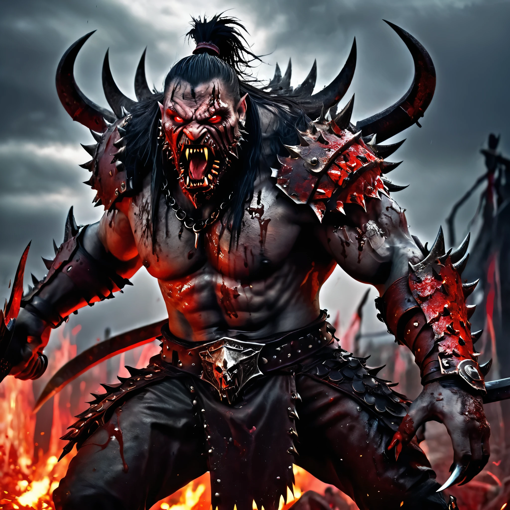 (anime,horror,dark fantasy,war)evil group of Vrockwing Bakemono,bloodthirsty barbarian ragers,studded leather scrapped together armor,2-handed weapons,cruel red eyes,sharp fangs,bloody battle scars,distorted faces,ripped muscles,raging flames,bloody splatters,fierce battlefield,cursed shadows,flying debris,dark aura,ominous sky,pitch-black darkness,blood-soaked ground,vicious atmosphere,vivid colors,best quality,ultra-detailed,realistic lighting