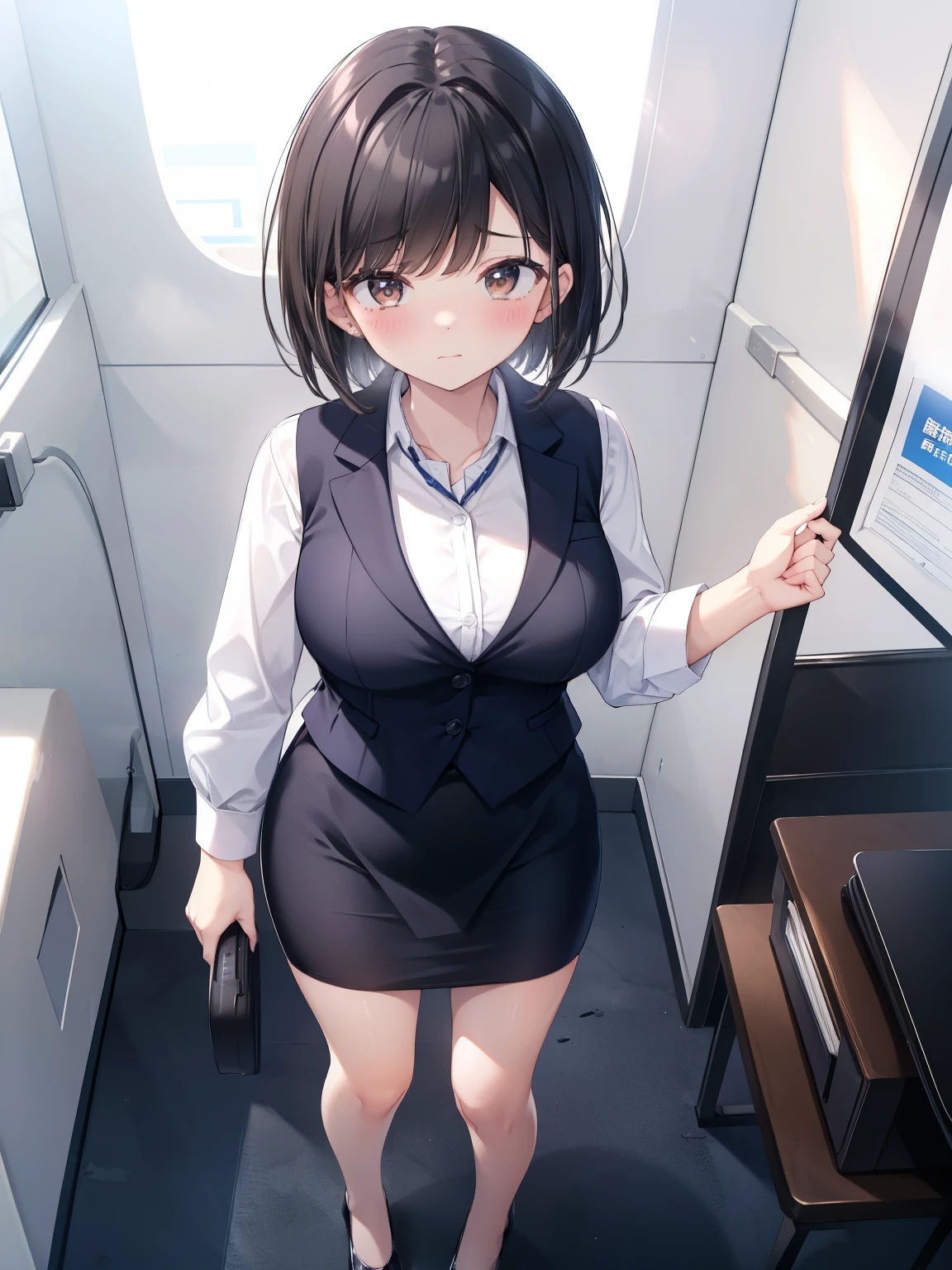 highest quality, Flying debris、Beautiful woman、officeレディー、Black Hair、(Brown eyes、Big Breasts)、short hair、チェック柄のダークブルーのofficeスーツ)、new employee,Full Body Shot、Female office lady、break(Dark blue checked vest、White dress shirt、Navy blue mini tight pencil skirt:1.2)、(Black knee-high、Absolute area、High heels)、break(office:1.3)、Cleavage、Unbutton your shirt、blush、Embarrassed、Troubled face、The skirt is torn、Standing posture