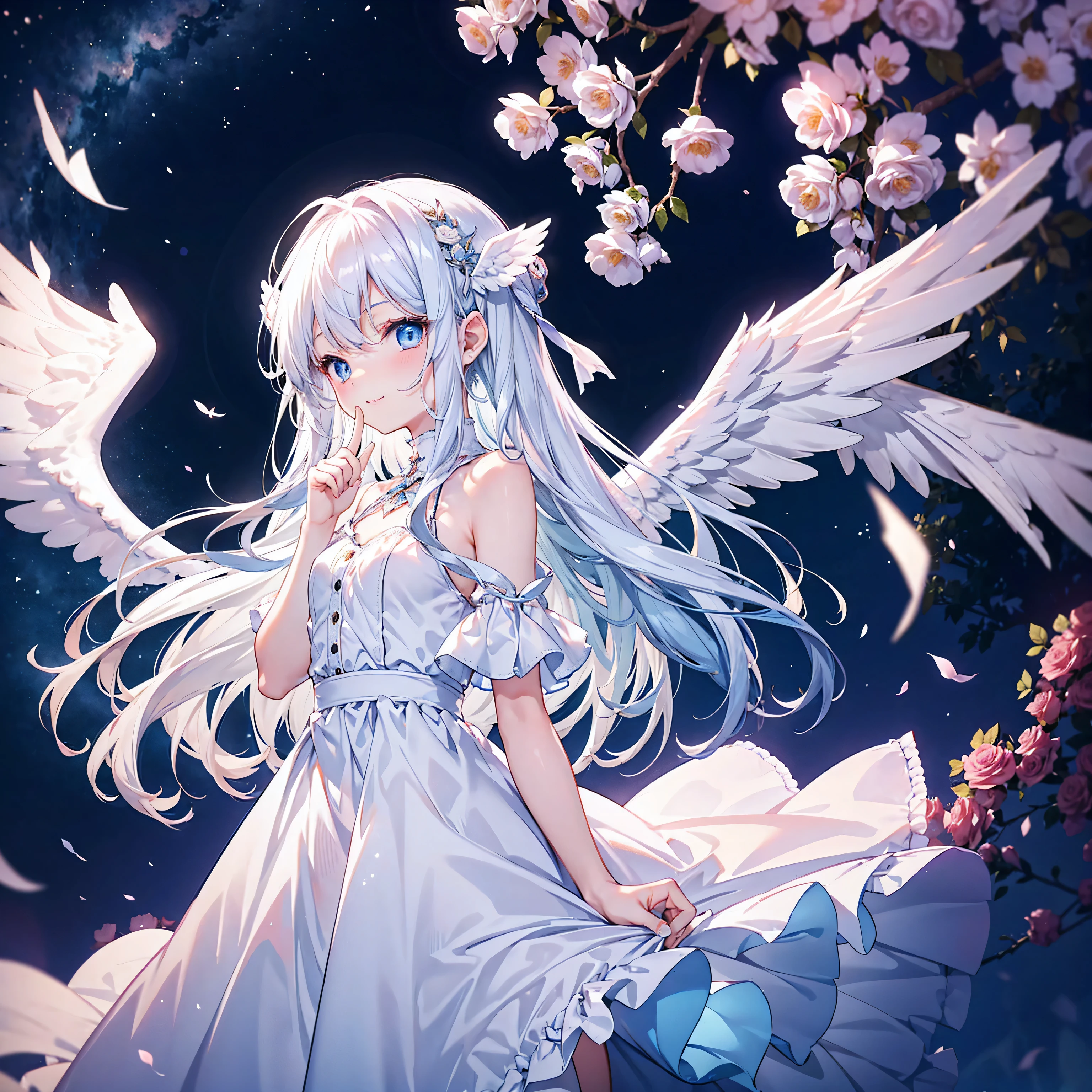 A cute angel girl with long white hair and blue eyes、16 years old、Profiles filling the screen、Angel wings on the back、Put your index finger to your lips as if you are telling a secret、smile、White dress、Angel wings flutter、Roses flutter、night