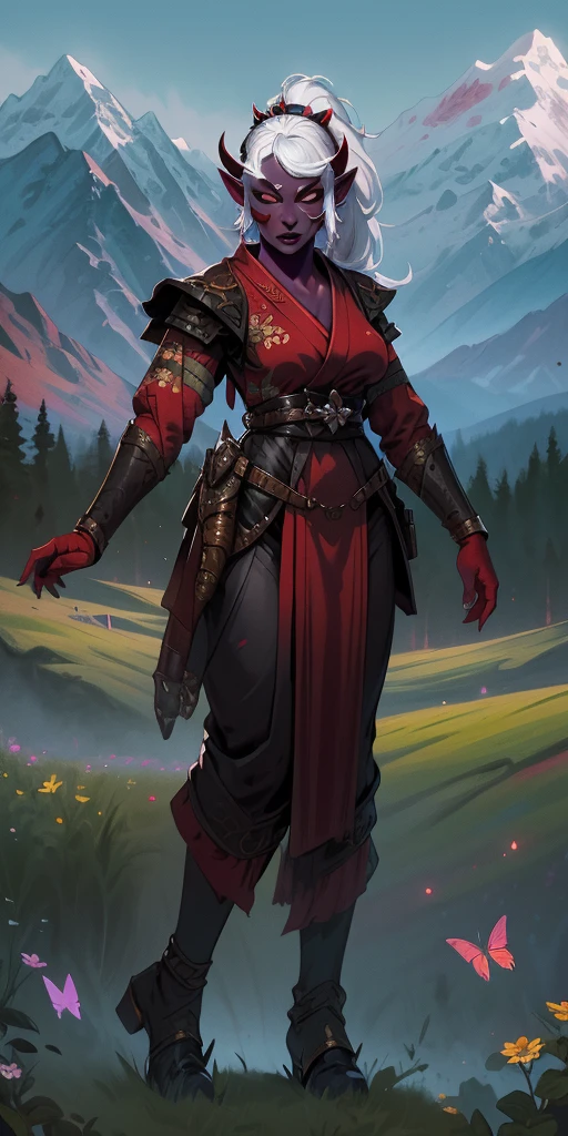 1 girl, (((oni girl))), (((red skin))), horns, white hair, ponytail, (((adventurer outfit))), explorer, researcher, fascinated expression, full body portrait, outside, forest, mountains, butterflies, flowery meadow