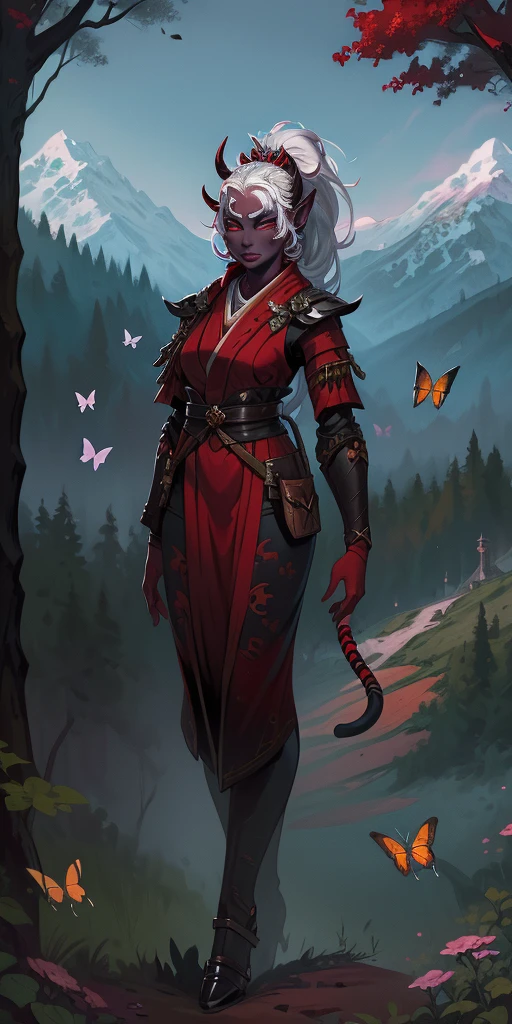 1 girl, (((oni girl))), (((red skin))), horns, white hair, ponytail, (((adventurer outfit))), explorer, researcher, fascinated expression, full body portrait, outside, forest, mountains, butterflies, flowery meadow