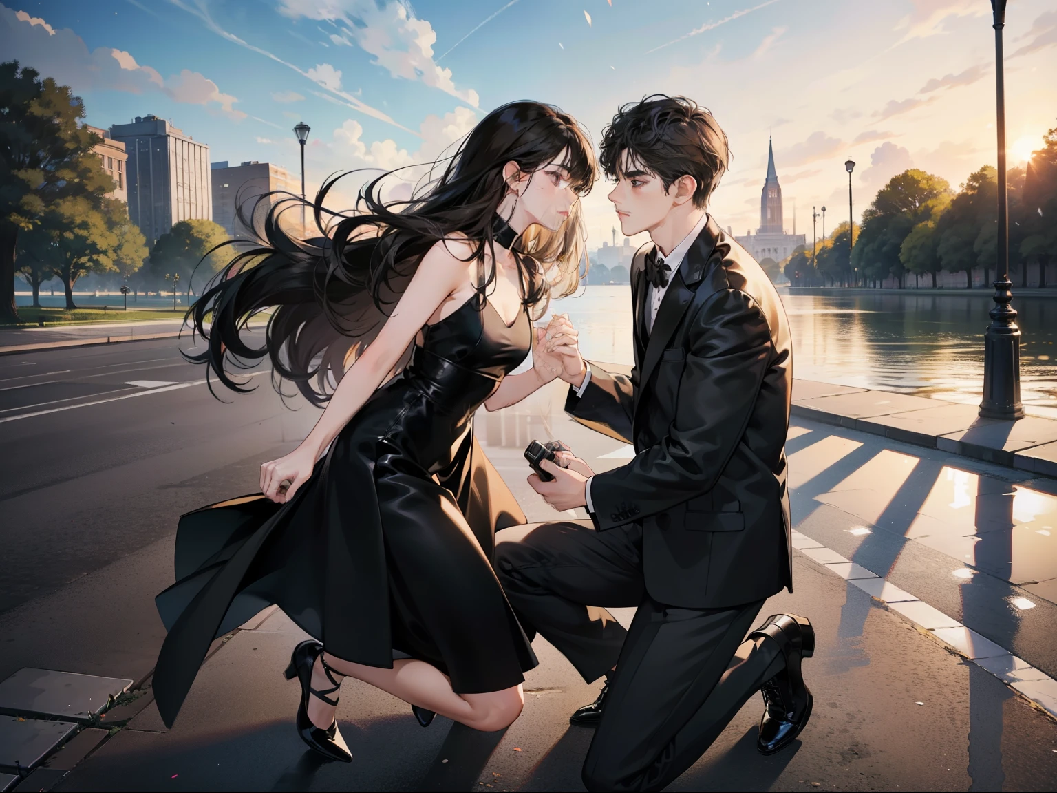 couple, 1 girl 1 boy, Different hair colors, Long black hair and brown eyes, Short brown hair and gray eyes, Boy proposes on one knee，Black suit，Black leather shoes，romantic, Black Suite, Gray dress, In the park, Face to Face, romantic的, Dim Lights
