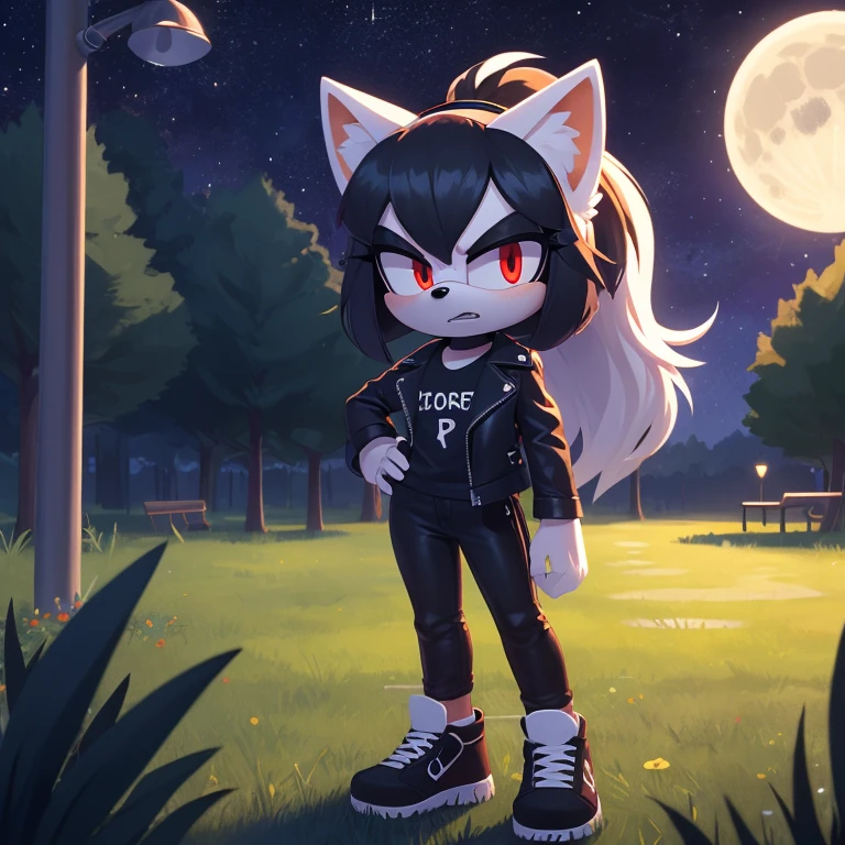 sonic_(series), mobian arctic fox, thin body, wavy bangs, black hair, long hair, fluffy hair, white fur, red eyes, black eyelids, black shirt, black pants, black sneakers, black love, short leather jacket, red symbol on shirt, beautiful, pretty, cute, angry,  masterpiece, high quality, studio quality, detailed, insanely detailed, extreme detail, refined detail, perfect detail, max detail, black lipstick, goth girl, standing, park, trees, grass, lamp posts, starry sky, night time, moon in background, detailed background, ponytail, hairband, (score_9, score_8_up), inspired by cartoons, facing the viewer, tall, black lips, detailed irises, detailed retinas