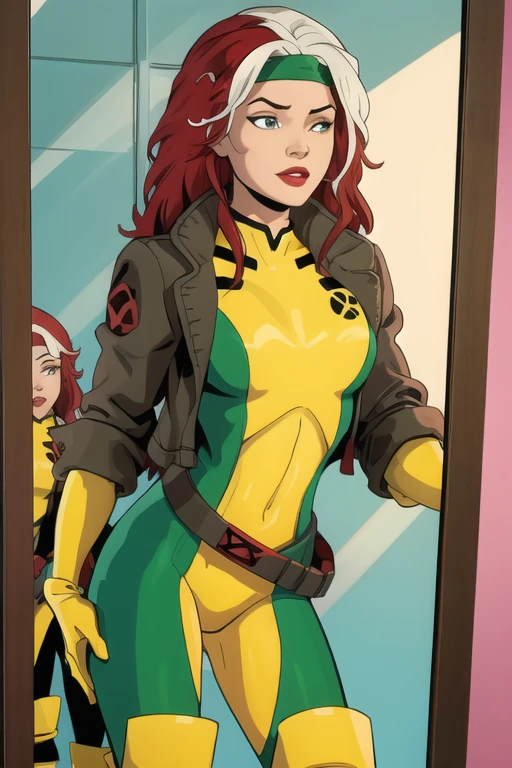 clsscrgedsk, 1girl, mirror, long hair, jacket, white hair, red hair, multicolored hair, belt, two-tone hair, bodysuit, makeup, headband, parody, lipstick, sleeves rolled up, dyed bangs, multicolored bodysuit, green bodysuit, yellow bodysuit, masterpiece, best quality , cartoon style, other version of character in mirror, green and white bodysuit