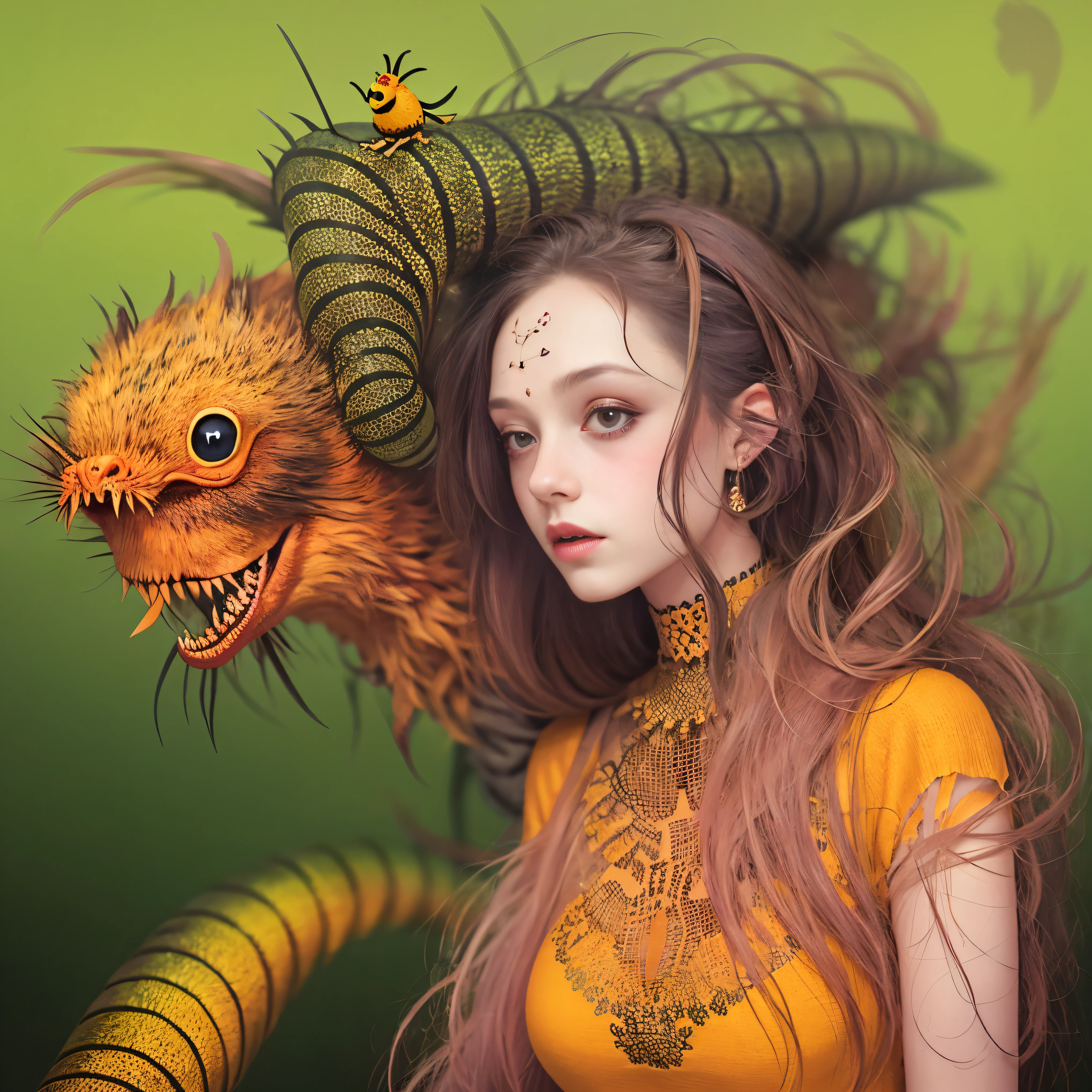 (highest quality、Super fine)、Portrait、An illustration、Creepy、Orange tones、Soft lighting、Fine texture、(A hybrid monster with a caterpillar&#39;s body and a woman&#39;s faceター:1.5)、A hybrid monster with a caterpillar&#39;s body and a woman&#39;s face、Cold look、A disturbing presence、[insect]、[Transform]、[Horror]、A hybrid monster with a caterpillar&#39;s body and a woman&#39;s faceター、No limbs