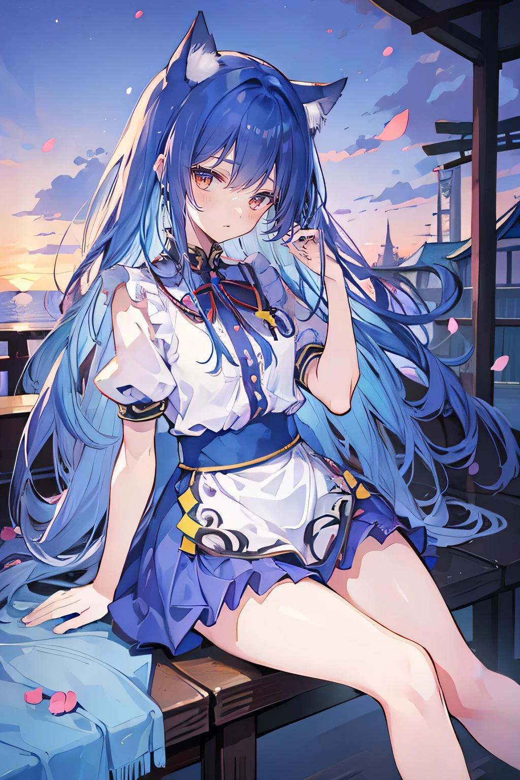 (masterpiece:1.2),Super detailed,Practical,expressive eyes,Fair skin,Perfect face shaping,1 Girl,
Japanese cartoons,Gorgeous blue hair, the long flowing blue hair,Floating clothes,Cat ears,Petals falling,beautiful lola,Young Angel,
Hands on waist,sit elegantly on the ground,Cross your legs,Gentle and peaceful background,Cool and cozy pavilion,Sunset,