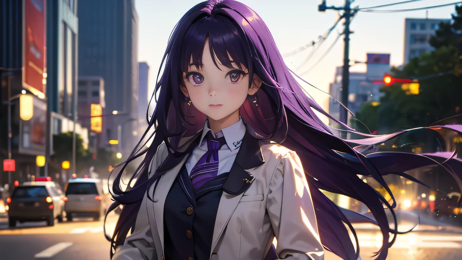 Best picture quality, 8K, high quality, masterpiece:1.2), ((masterpiece)), (high detail, high quality, best picture quality), bokeh, DOF, Portrait, open stance, purple hair long hair, in detective outfit, standing, round face, working in scene